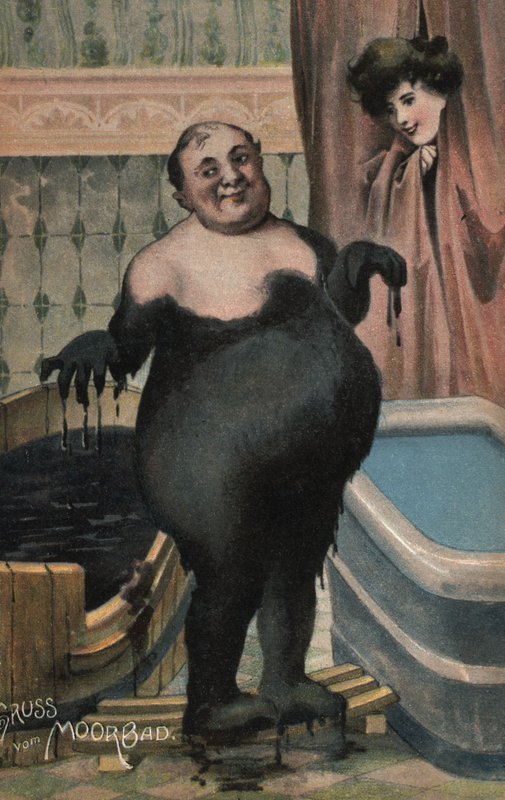 Man som tar ett lerbad (färg litho) av German School