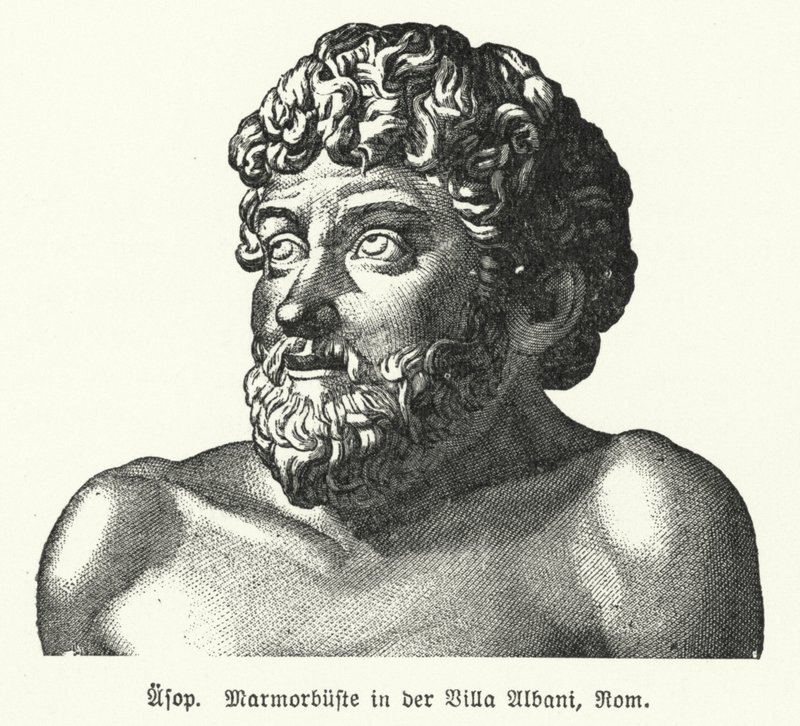 Marmorbyst av Aesop (c620-564 f.Kr.), antik grekisk fabulist (litho) av German School