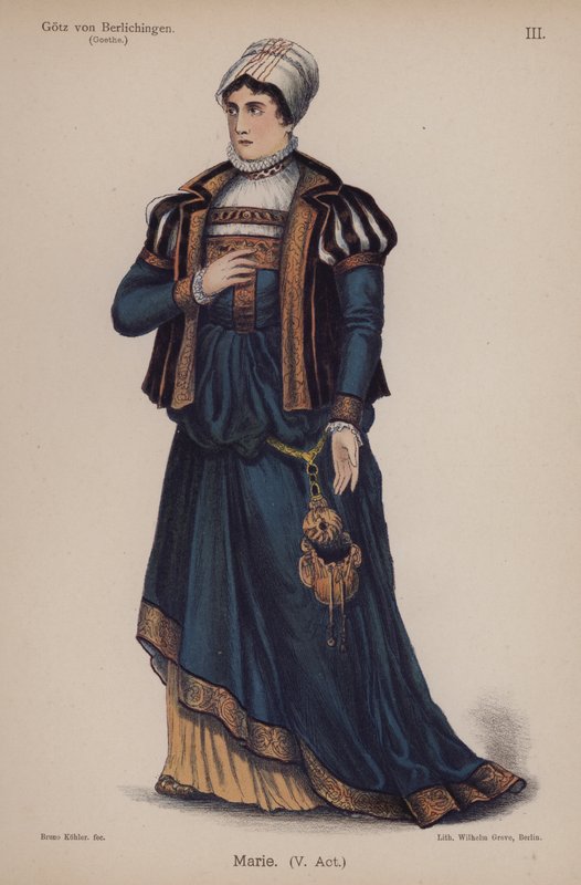 Marie, från Gotz von Berlichingen av Goethe (färg litho) av German School
