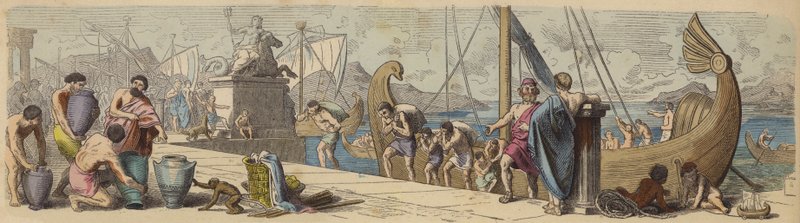 Maritim handel i antikens Grekland (färgad gravyr) av German School
