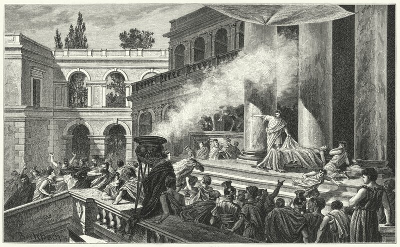 Mark Antony utlöser ett upplopp med sin tal vid Julius Caesars begravning, 44 f.Kr. (gravyr) av German School
