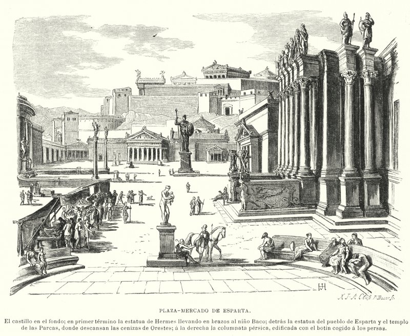 Marknadsplats i Sparta, antikens Grekland (litho) av German School