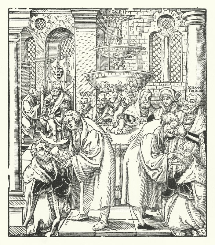 Martin Luther och Jan Hus administrerar nattvarden till den sachsiska kungafamiljen (gravyr) av German School