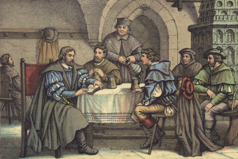 Martin Luther i samtal med studenter i Gasthof der Baren, Jena (chromolitho) av German School