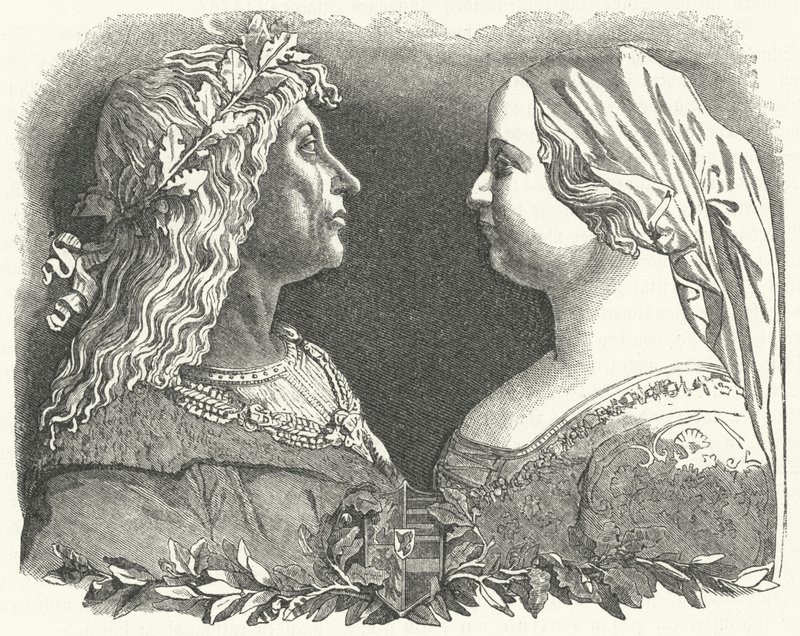 Matthias Corvinus, kung av Ungern, och hans drottning, Beatrice av Neapel (gravyr) av German School