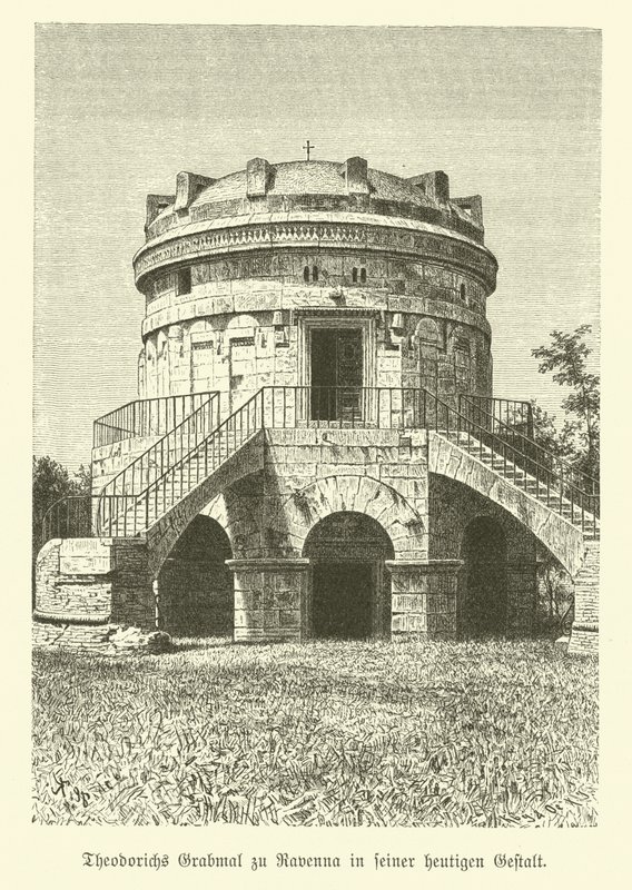 Theoderik den stores mausoleum, östgoternas kung, Ravenna, Italien (gravyr) av German School