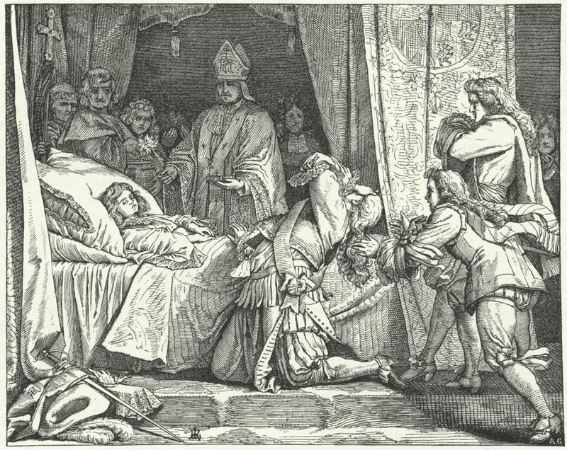 Maximilian II Emmanuel, kurfurst av Bayern, vid sin son Joseph Ferdinands dödsbädd av German School
