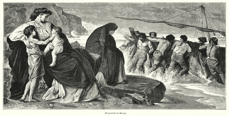 Medeas farväl: scen från Euripides antika grekiska tragedi Medea, baserad på legenden om Medea och Jason (litho) av German School