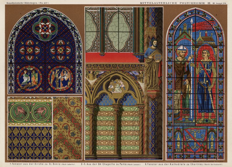 Medeltida franska målat glasfönster: Church of St Denis, Paris; Sainte Chapelle, Paris; Chartres katedral (färg litho) av German School
