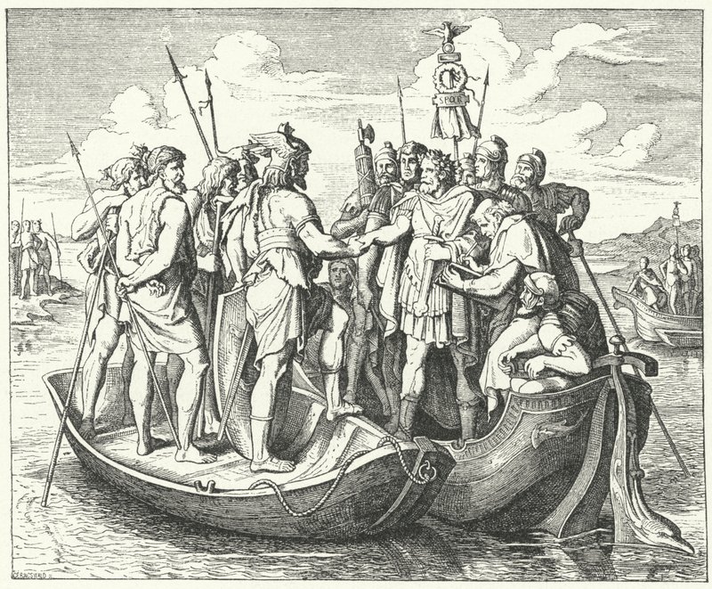 Möte mellan den romerske kejsaren Valens och den visigotiske kungen Athanaric vid Donau, 369 (gravyr) av German School