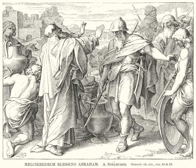 Melkisedek välsignelse Abraham, Genesis, ch xiv, ver 18 och 19 (gravyr) av German School