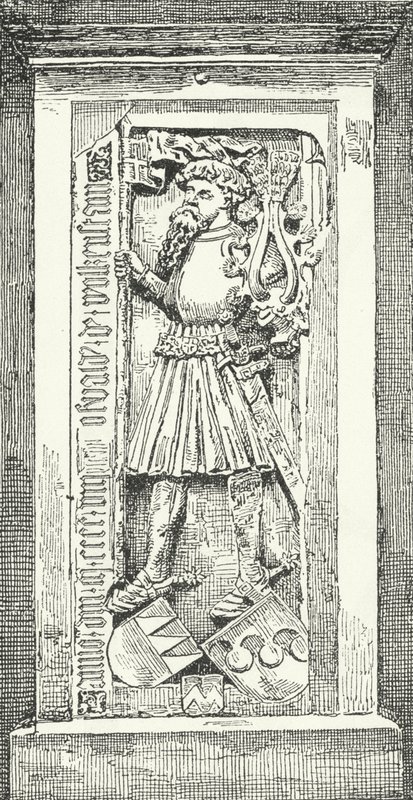 Minnessten i Brixen-katedralen över den tyske poeten och diplomaten Oswald von Wolkenstein (gravyr) av German School