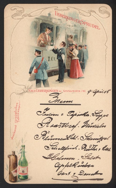 Menykort reklam Ueberkinger mousserande mineralvatten (färg litho) av German School