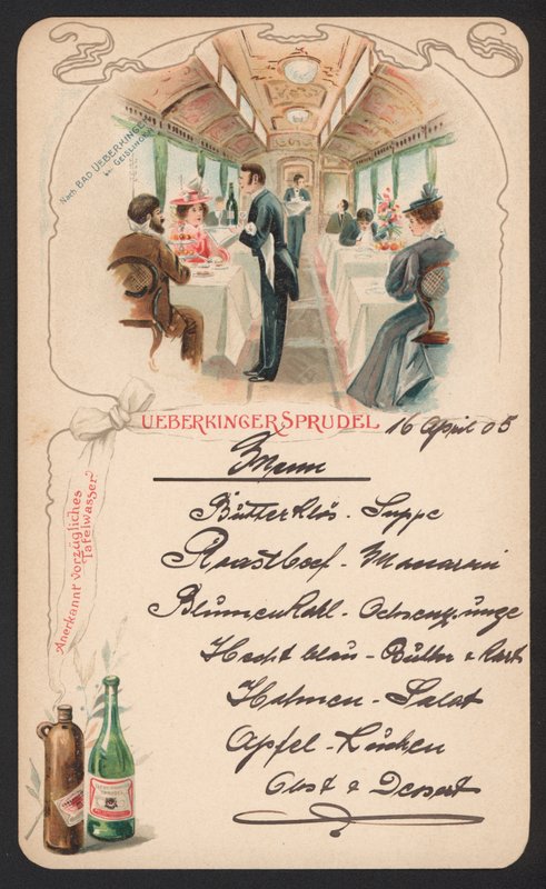 Menykort reklam Ueberkinger mousserande mineralvatten (färg litho) av German School