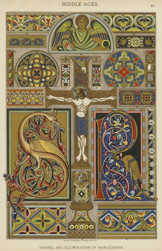 Medeltid, emalj och belysning av manuskript (färg litho) av German School