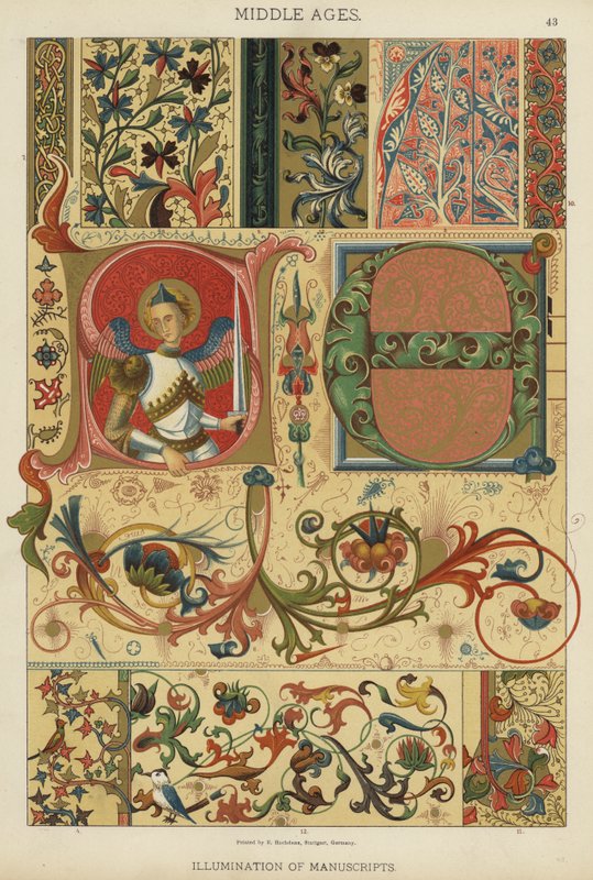 Medeltid, belysning av manuskript (färg litho) av German School