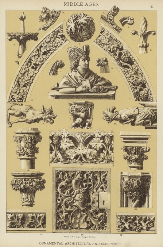Medeltid, prydnadsarkitektur och skulptur (färg litho) av German School