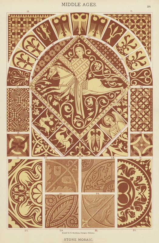Medeltiden, stenmosaik (färg litho) av German School