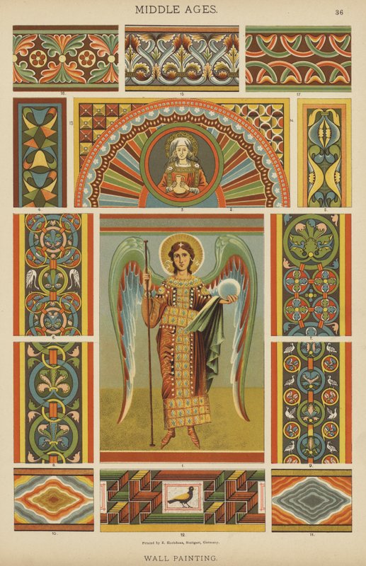 Medeltid, väggmålning (färg litho) av German School