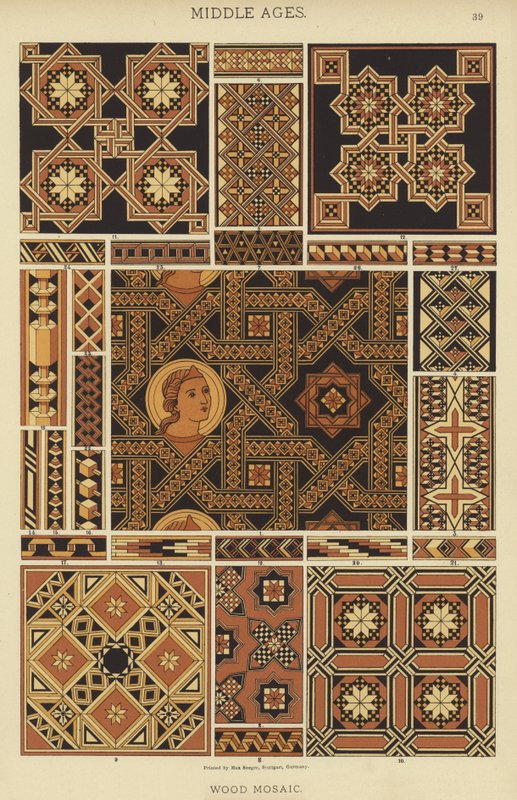 Medeltid, trämosaik (färg litho) av German School