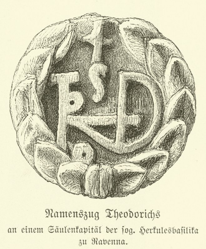 Monogram av Theoderik den store, östgoternas kung (gravyr) av German School