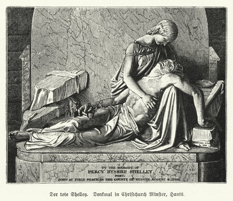 Monument till den engelska poeten Percy Bysshe Shelley, Christchurch Priory, Dorset (litho) av German School