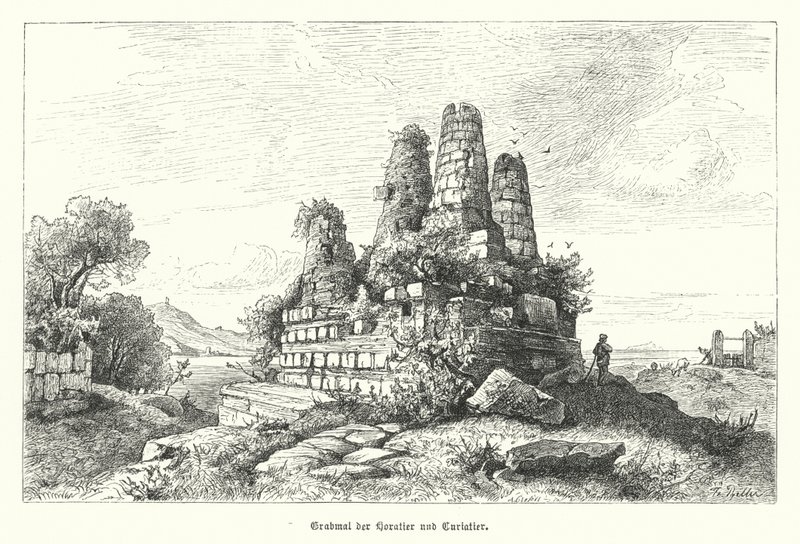 Monument till Horatii och Curiatii, krigare av antika romerska legender (gravyr) av German School