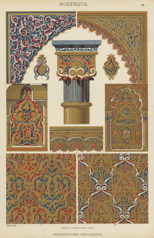 Moresque, arkitektoniska prydnadsföremål (färg litho) av German School