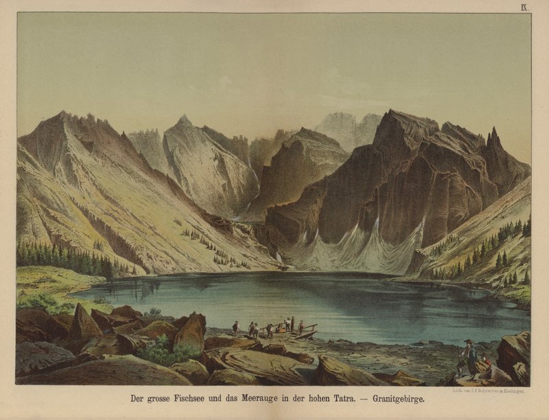 Morskie Oko, sjö i Granit High Tatra Mountains (färg litho) av German School