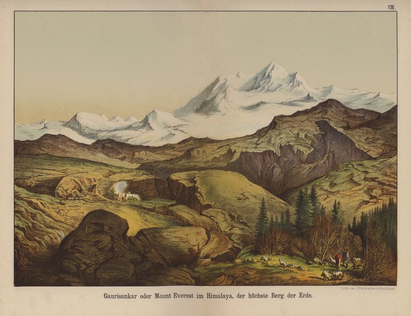 Mount Everest, det högsta berget på jorden (färg litho) av German School