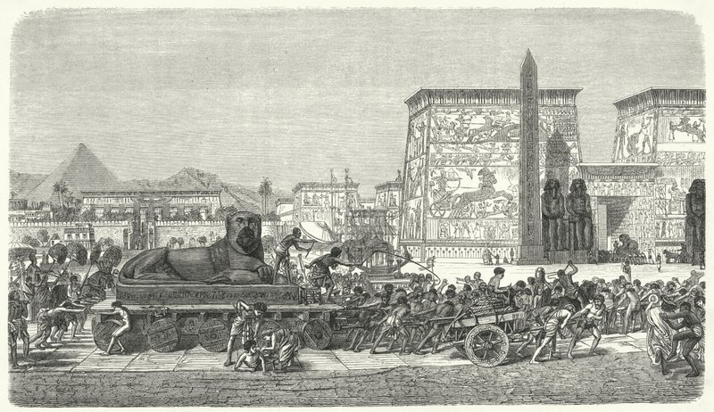 Flytta en staty i det antika Egypten (gravyr) av German School