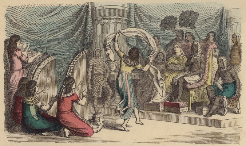 Musiker och dansare som uppträder inför farao i det antika Egypten (färgad gravyr) av German School