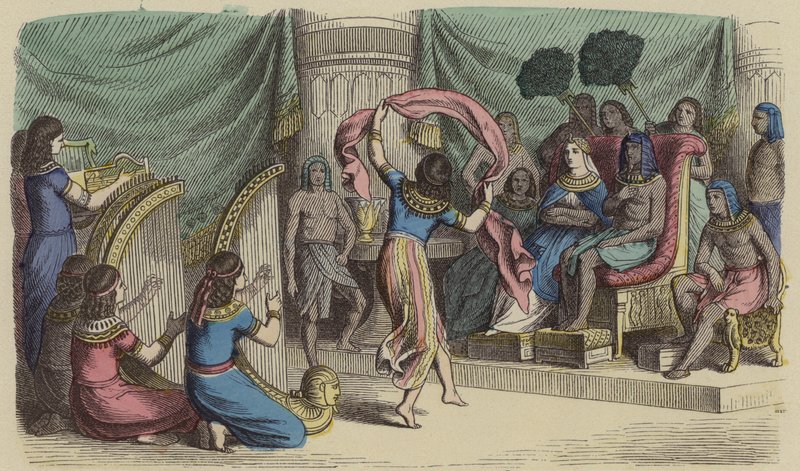 Musiker och dansare som uppträder inför farao i det antika Egypten (färgad gravyr) av German School