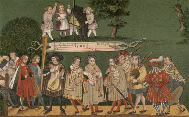 Musiker från Augsburg, Tyskland, spelar för dansare från Geschlechtertanz, 1520 av German School