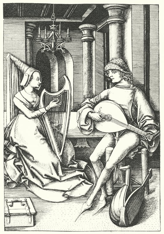Musiker som spelar luta och harpa i ett hus på landet på 1400-talet (gravyr) av German School