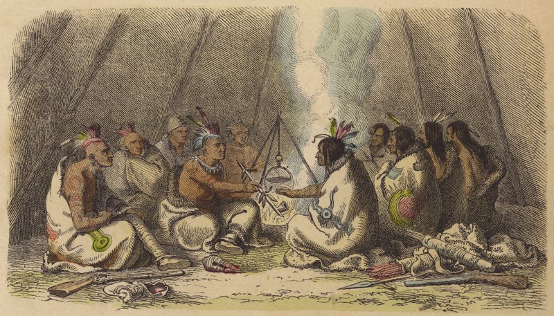Indianer från stammarna Fox och Raven som röker fredspipan (färgad gravyr) av German School