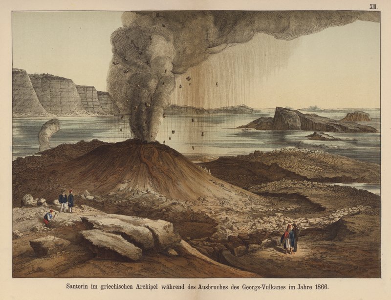Nea Kameni, vulkanö i kalderan på den grekiska ön Santorini efter euptionen 1866 (färg litho) av German School