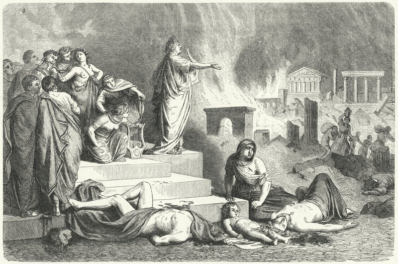 Nero under den stora branden i Rom, 64 (gravyr) av German School