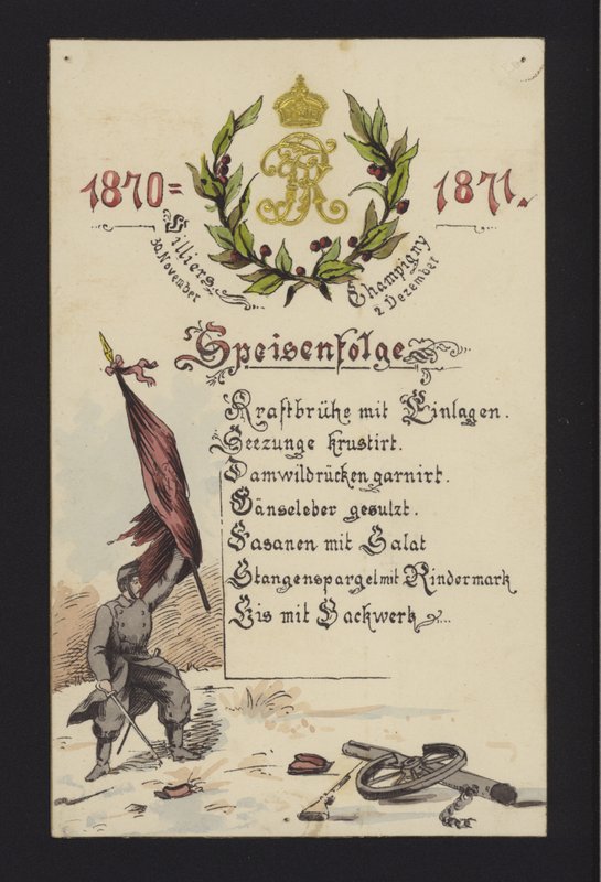Nyårsbanketter som hölls av de ockuperande tyskarna i Villiers och Champigny, Paris, 30 december 1870 och 2 januari 1871 (färg litho) av German School