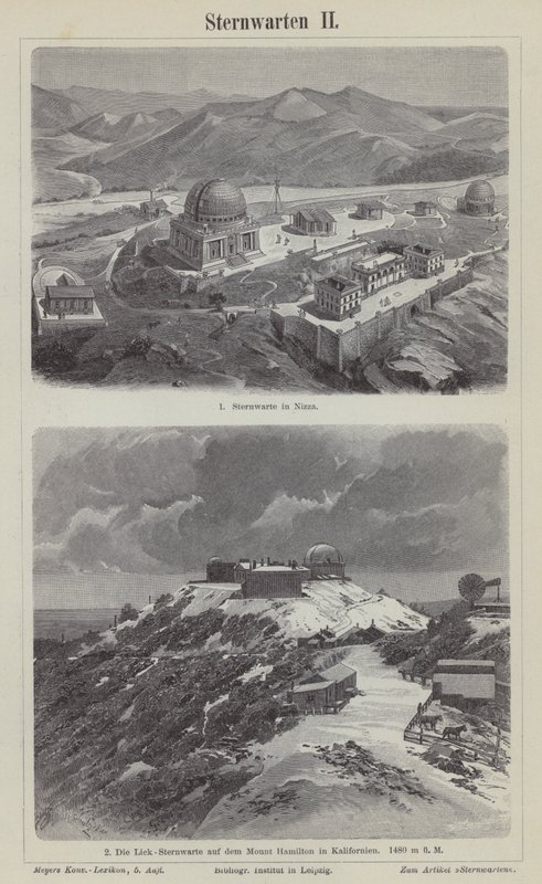 Nice Observatory, Frankrike, och Lick Observatory, Mount Hamilton, Kalifornien, USA (gravyr) av German School