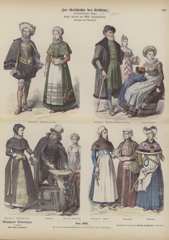 Norska och danska dräkter, tidigt 1600-tal (färgad gravyr) av German School