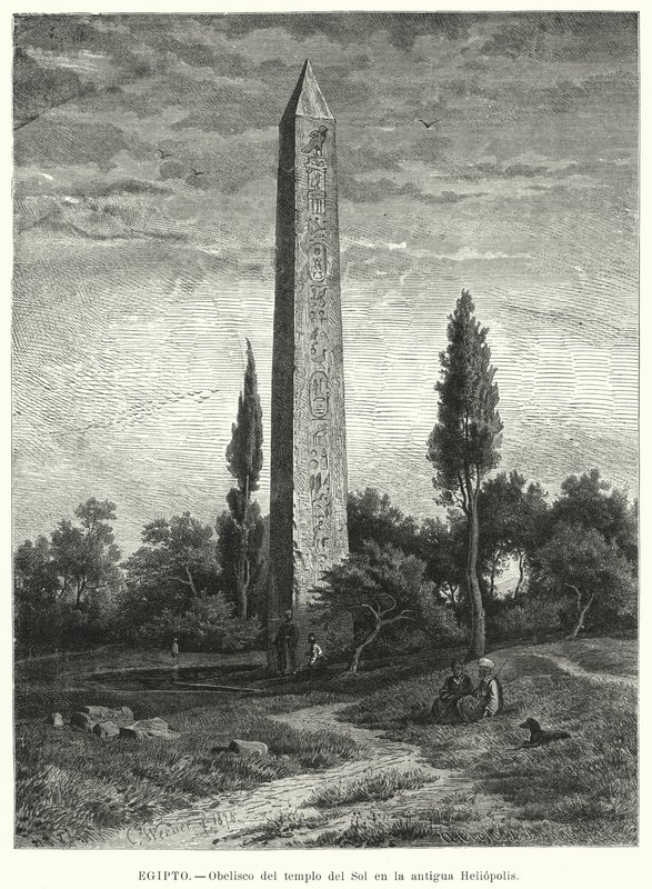 Obelisk av det antika egyptiska solens tempel i Heliopolis (litho) av German School