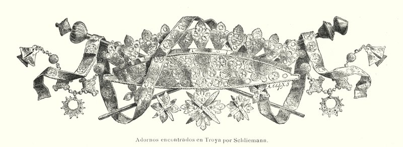 Prydnad som hittades av den tyske arkeologen Heinrich Schliemann under hans utgrävningar av platsen för det antika Troja (litho) av German School