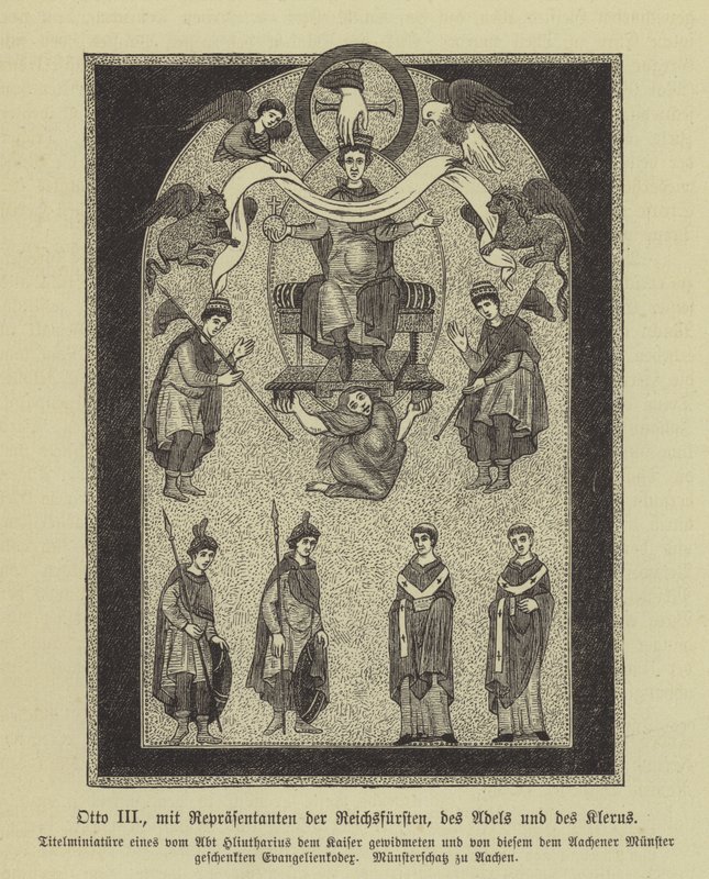 Otto III, helig romersk kejsare, med representanter för furstarna, adeln och prästerskapet (gravyr) av German School
