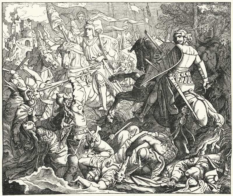 Otto I av Tyskland som besegrar magyarerna i slaget vid Lechfeld, 955 (gravyr) av German School