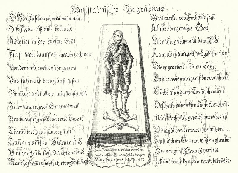 Broschyr utgiven till minne av den mördade böhmiske militärledaren Albrecht von Wallenstein (gravyr) av German School