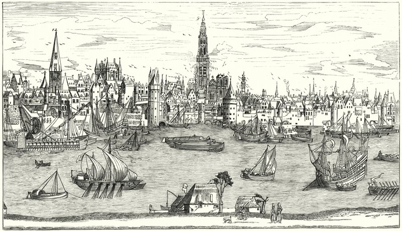 Panorama över Antwerpen i början av 1500-talet (gravyr) av German School