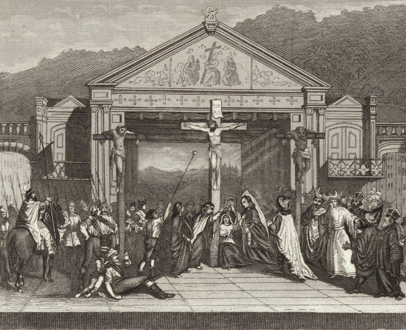 Passionsspel i Oberammergau, Bayern, Tyskland. Illustration för Bilder-Atlas (gravyr) av German School