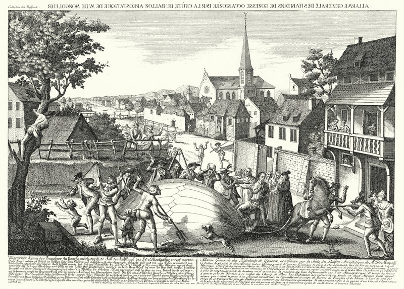 Bönder angriper ballongen av Jacques Charles och Robert Brothers efter att den kom ner vid Gonesse, 27 augusti 1783 (gravyr) av German School
