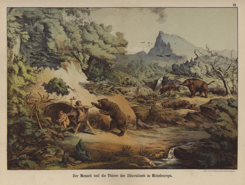 Människor och djur i det förhistoriska Europa (färg litho) av German School
